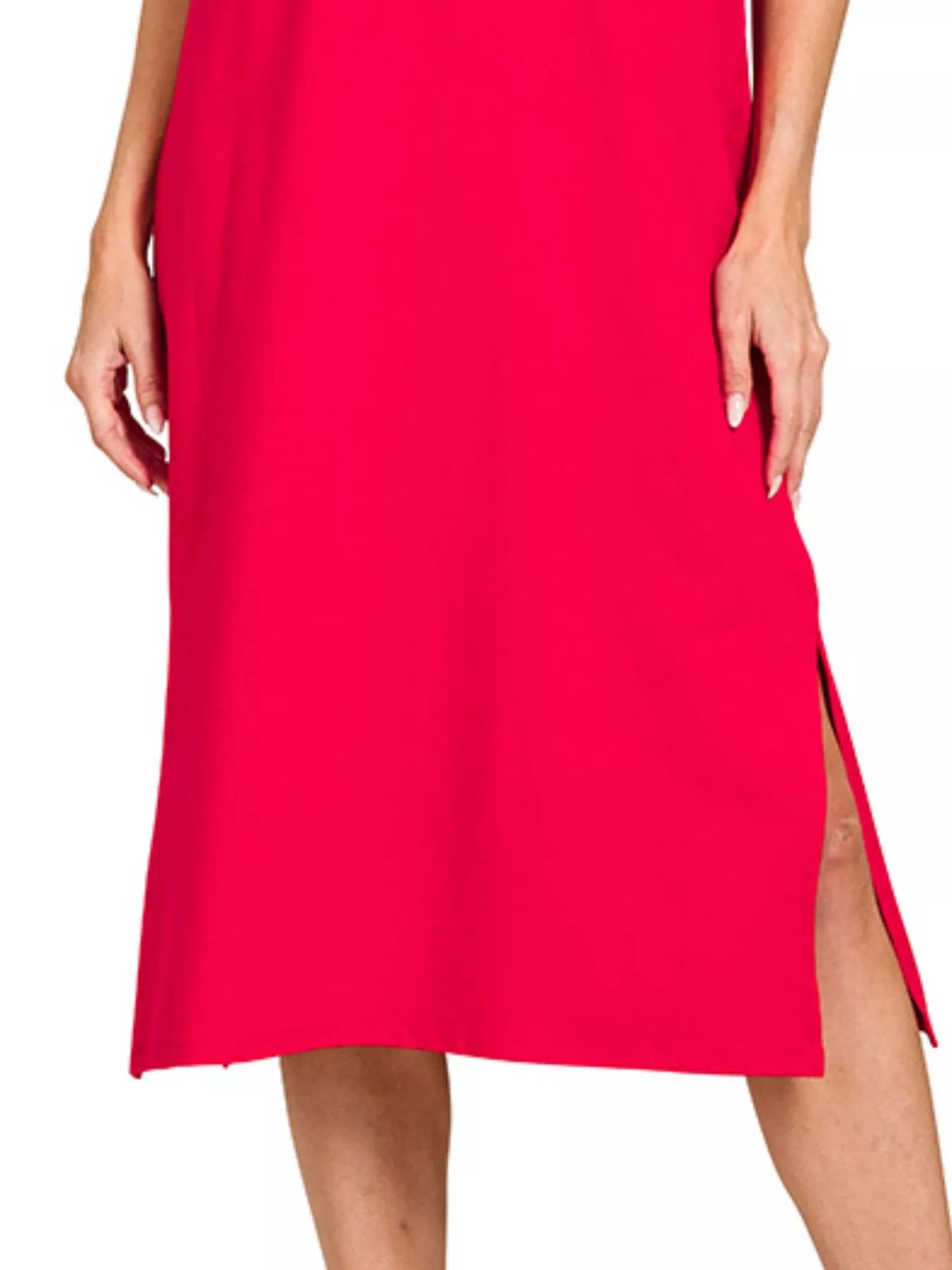 Zenana Round Neck Side Slit Midi Dress in Ruby