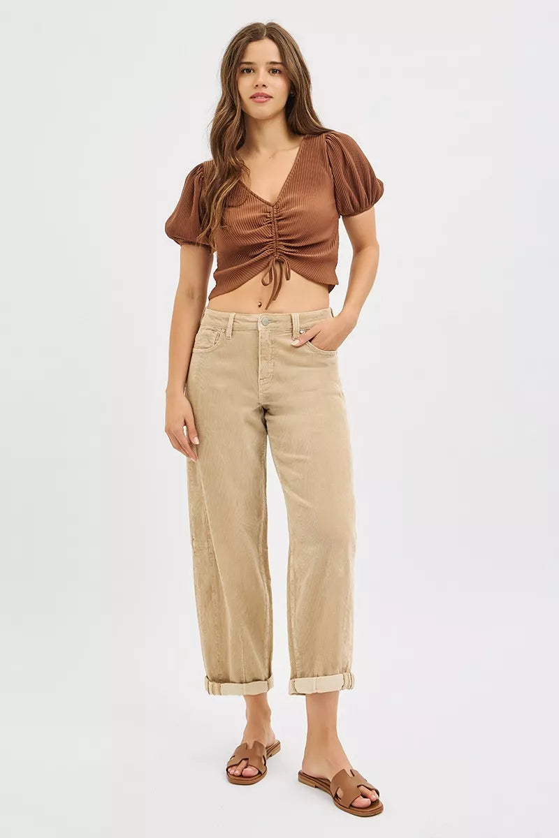 RISEN High Rise Crop Barrel Cordurory Pants