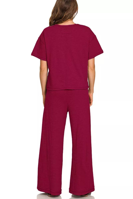 Zenana Cotton Slub Short Sleeve Tee and Pants Set in Cabernet
