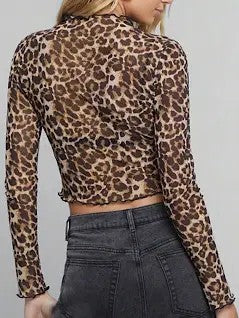 Miss Sparkling |Cropped Mesh Leopard Long Sleeve Top
