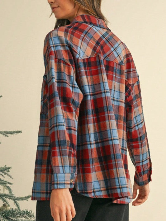 Cotton Boho Red Mint Plaid Button Shirt Shacket