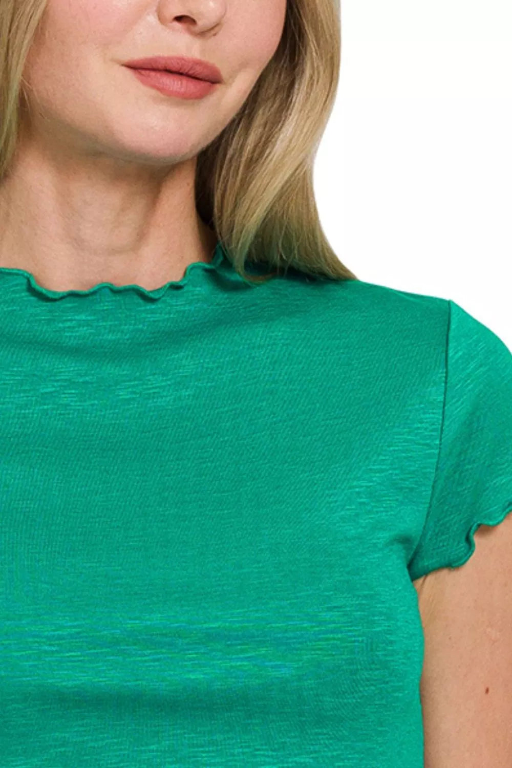 Zenana Cotton Modal Slub Lettuce Trimmed Cropped T-Shirt in Green