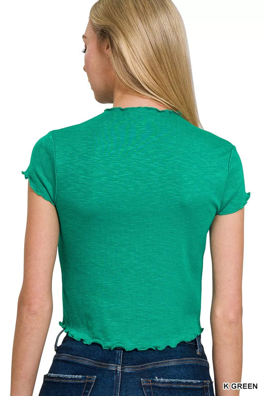 Zenana Cotton Modal Slub Lettuce Trimmed Cropped T-Shirt in Green