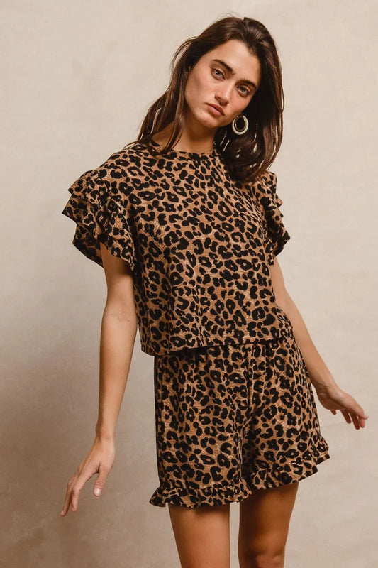 BiBi Leopard Print Waffle Texture Layered Ruffle Sleeve Top and Shorts Set