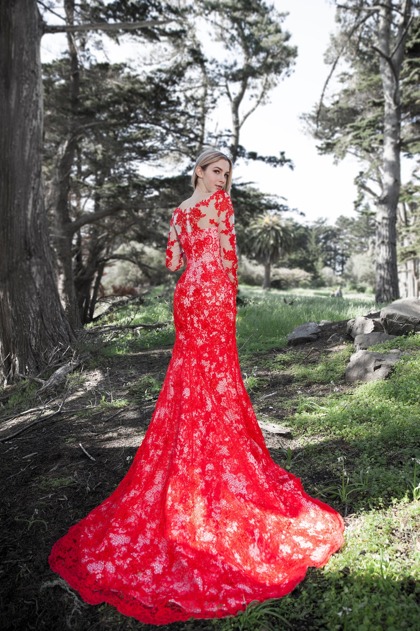 Coronation - Selena Huan Red Lace Long-sleeves Mermaid Gown Lace Colored Wedding Dress