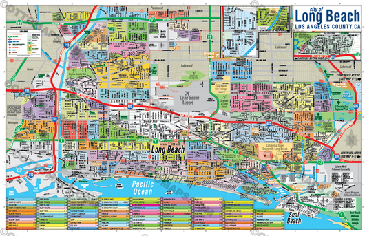 Long Beach Map, Los Angeles County, CA - POSTER PRINTS