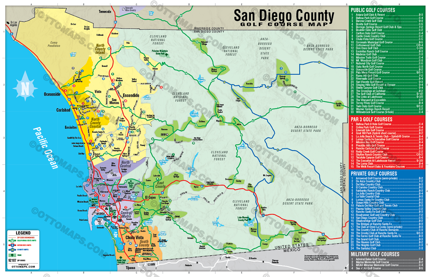 San Diego County Golf Map - POSTER PRINTS