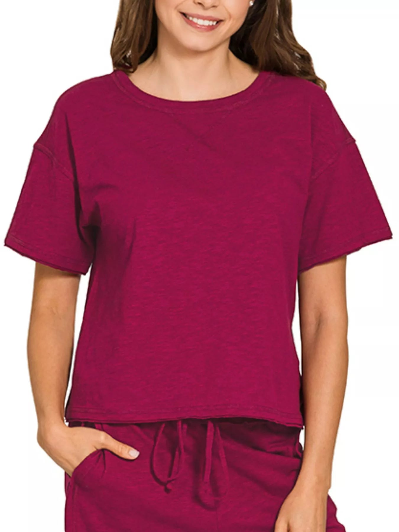 Zenana Cotton Slub Short Sleeve Tee and Pants Set in Cabernet