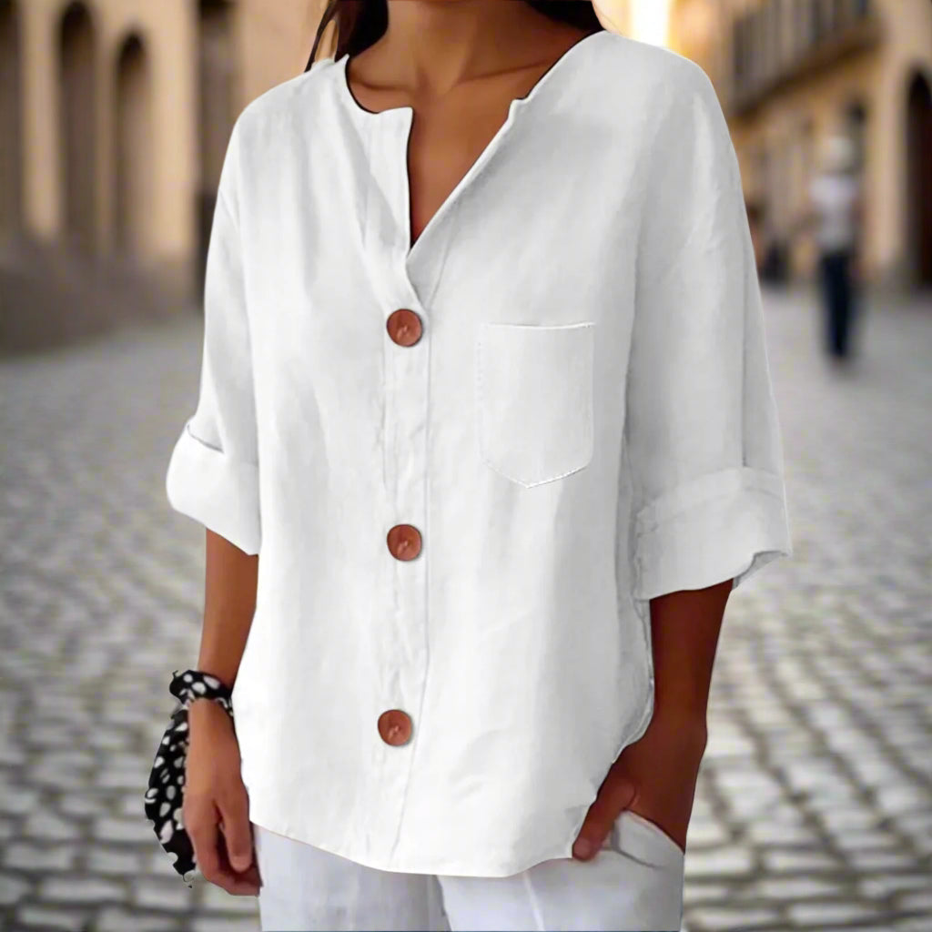 Women’s Loose V Neck T Shirt – Cotton Linen Button Top