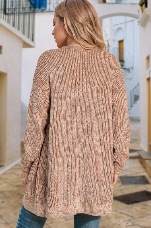 Solid Knit Open-Front Pocketed Cardigan