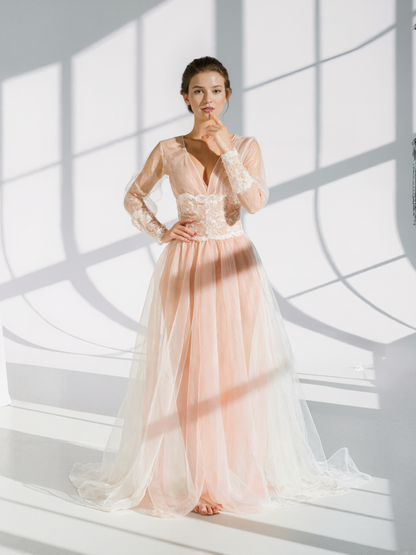 Luxury Peach Pink Sheer Lace Corset Robe Dress | Long Sleeve Bridal Boudoir Gown with Tulle Skirt