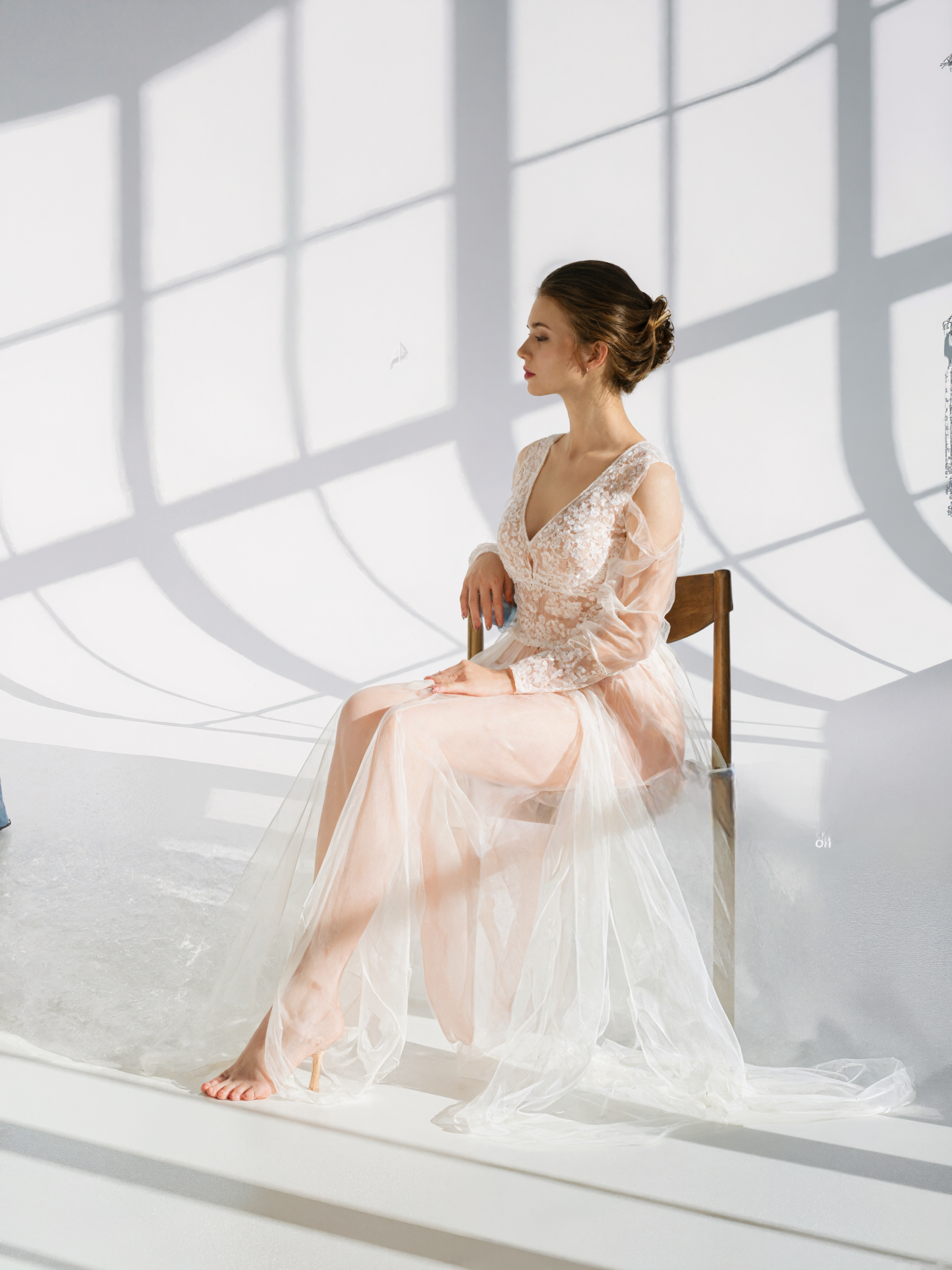 Luxury Peach Pink Sheer Lace Corset Robe Dress | Long Sleeve Bridal Boudoir Gown with Tulle Skirt