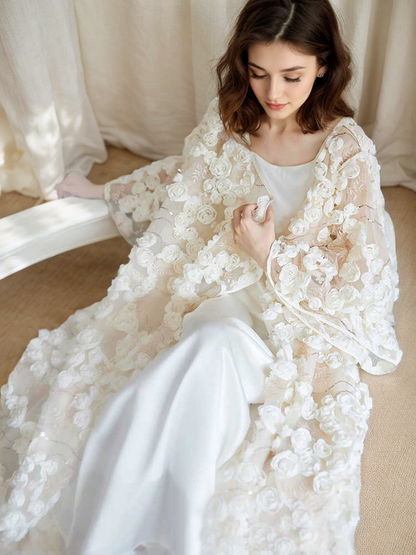 Ethereal 3D Floral Lace Bridal Robe – Elegant Sheer Wedding Cover-Up