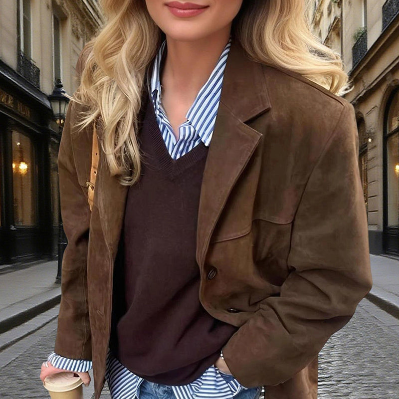 Suede-Look Blazer Jacket — V-Notch Lapel, Button-Front Casual Coat