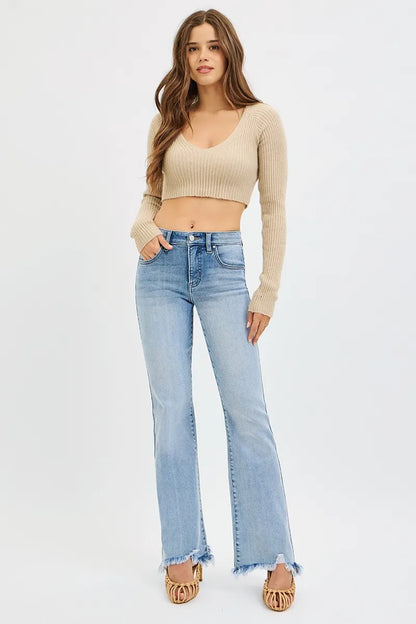RISEN Full Size Tummy Control Mid Rise Flare Jeans with Fray Hem Detailed Plus Size