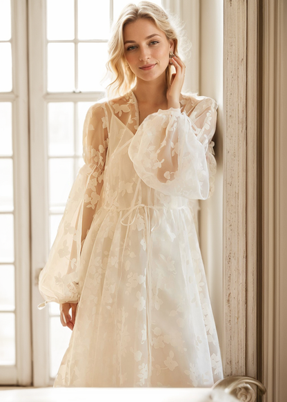 Ethereal Lace Long-Sleeve Sheer Bridal Robe Dress with Train