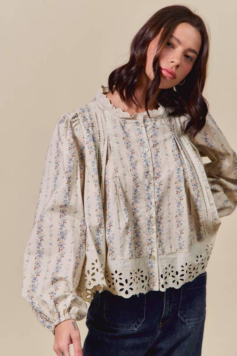 SO ME Floral Print Lace Button Down Shirt