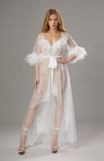 Luxury White Turkey Feather Lace Sheer Robe Dress Set | Bridal Getting Ready Gown