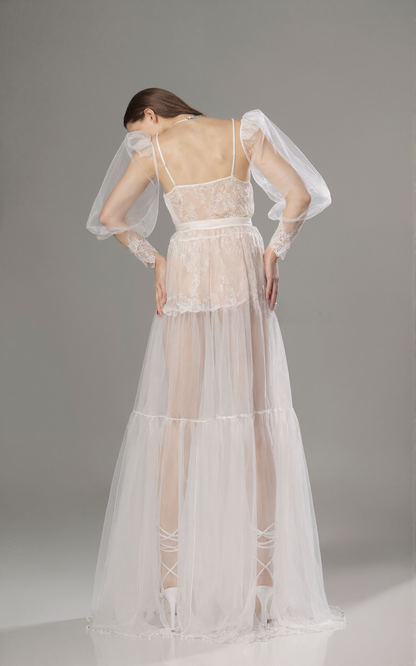 Luxury Sheer Lace Tulle Long Robe with Puff Sleeves | Bridal Boudoir Getting Ready Gown