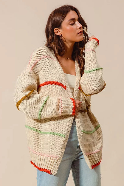 SO ME Loose Fit Multi Stripe Open Front Cardigan