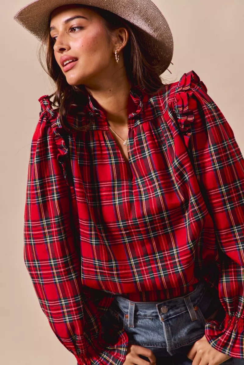 SO ME Christmas Checkered Plaid Smocked Blouse