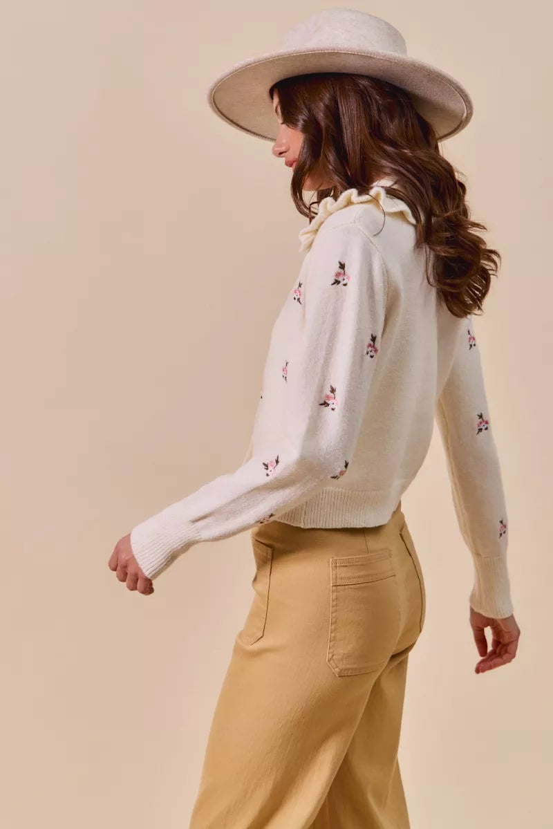 SO ME Collared Floral Embroidered Button Down Sweater Cardigan