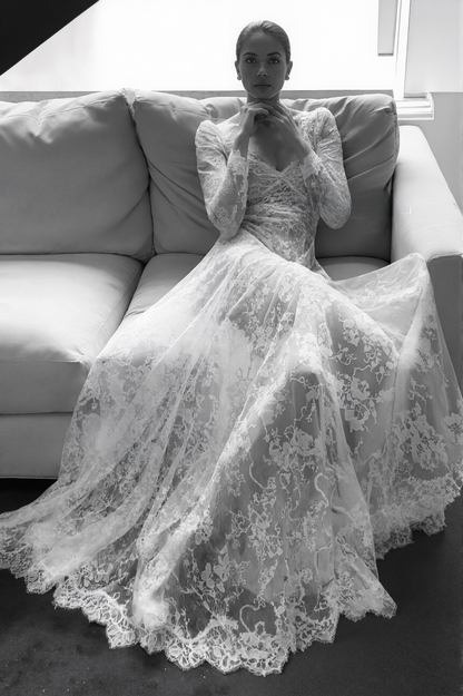Luxury Long Sleeve Lace Sheer Robe Dress | Bridal Getting Ready & Boudoir Gown