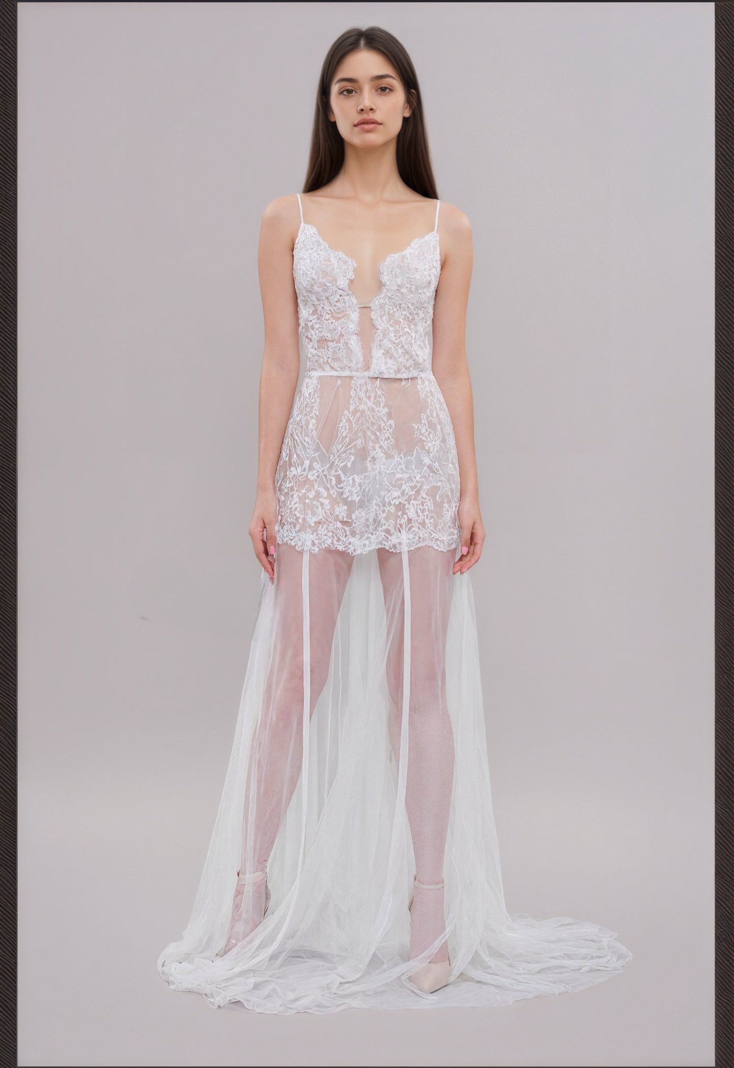 Ethereal Lace Sheer Long Robe with Flowing Train – Elegant Bridal Boudoir Gown