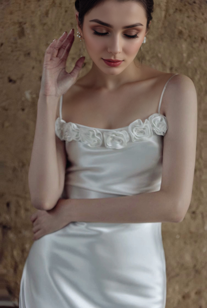 Vintage Rose-Trimmed Satin Slip Wedding Dress with Spaghetti Straps