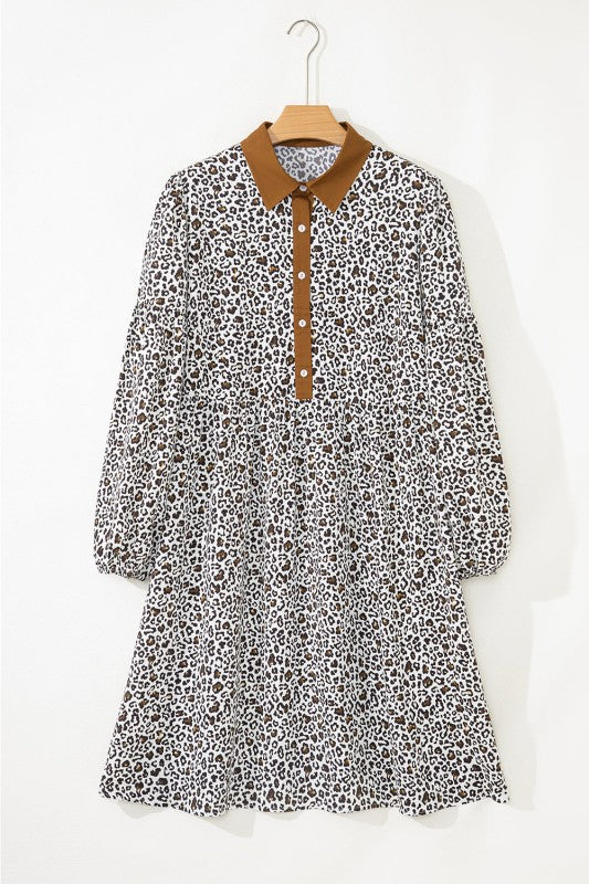 Plus Size Leopard Half-Button Collared Puff Sleeve