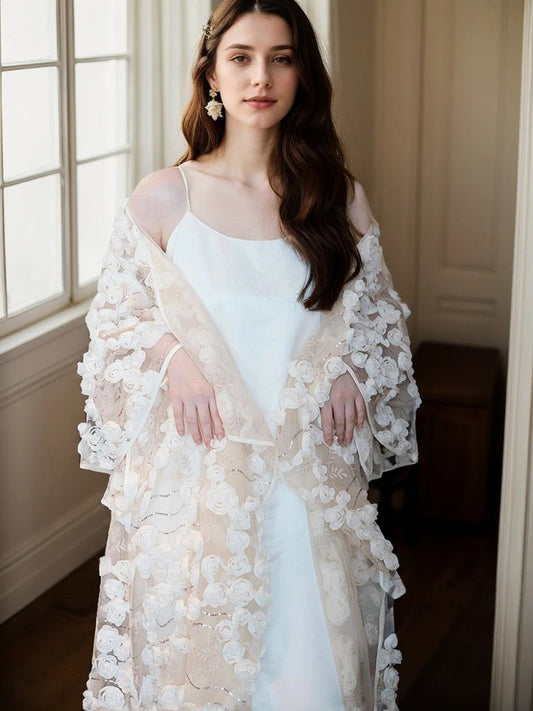 Ethereal 3D Floral Lace Bridal Robe – Elegant Sheer Wedding Cover-Up