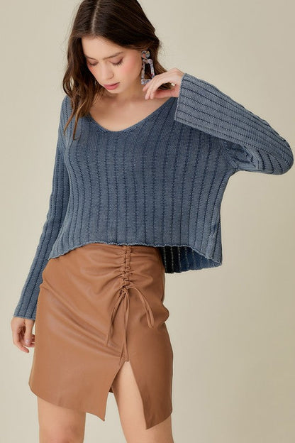 Mustard Seed V-Neck Washed Crop Sweater