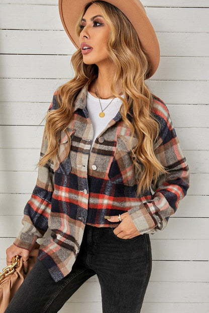 Geometric Plaid Print Pocketed Shirt for Women