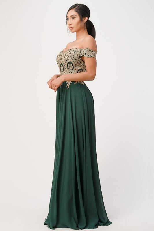 La Scala Off Shoulder Chiffon Gown with Lace Appliques