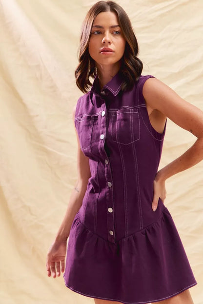 SO ME Button Down Sleeveless Collared Game Day Mini Dress