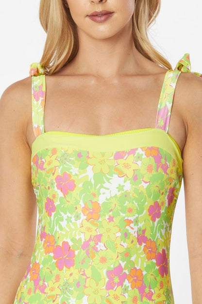 One Piece Floral Print Shoulder Top Tie Swimsuit
