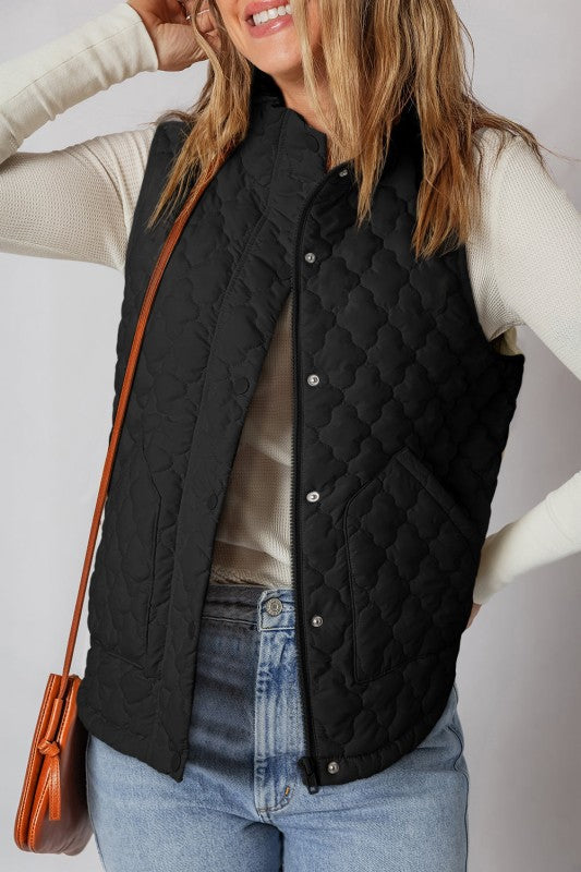 Floral Quilted Zip-Up Snap Button Vest