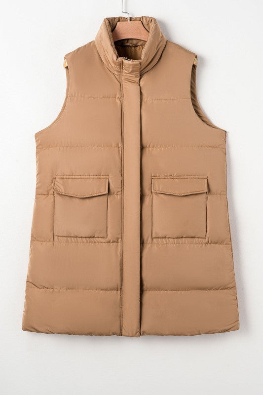 Solid Zip-Up Pocketed Puffer Vest