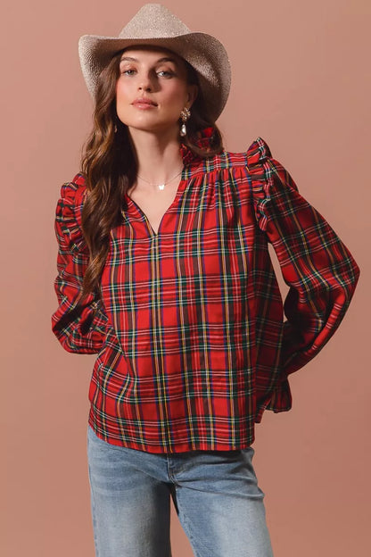 SO ME Christmas Checkered Plaid Smocked Blouse