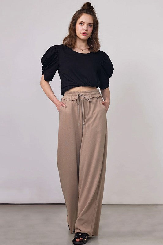 Plus Ruffle Wide Leg Fray Hem Sweatpants