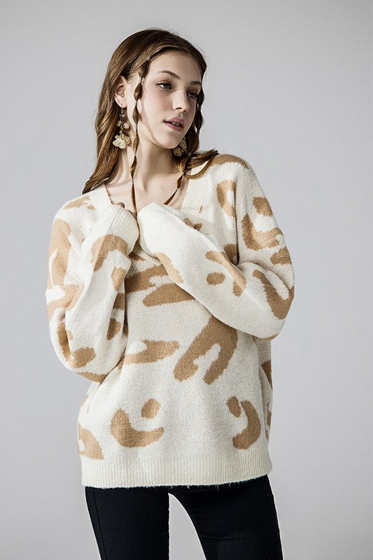 Plus Fuzzy Mohair Jacquard V-Neck Leopard Sweater