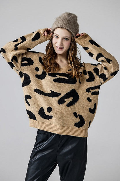 Plus Fuzzy Mohair Jacquard V-Neck Leopard Sweater