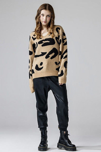 Plus Fuzzy Mohair Jacquard V-Neck Leopard Sweater