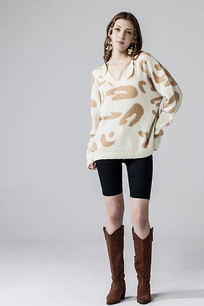 Plus Fuzzy Mohair Jacquard V-Neck Leopard Sweater