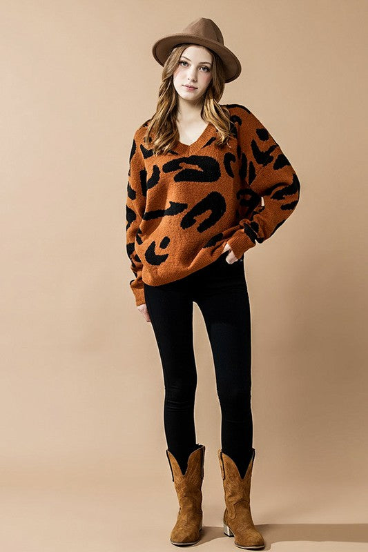 Plus Fuzzy Mohair Jacquard V-Neck Leopard Sweater