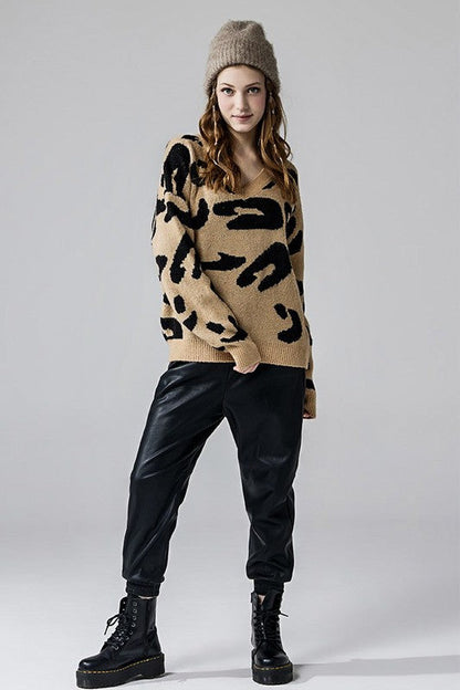 Plus Fuzzy Mohair Jacquard V-Neck Leopard Sweater