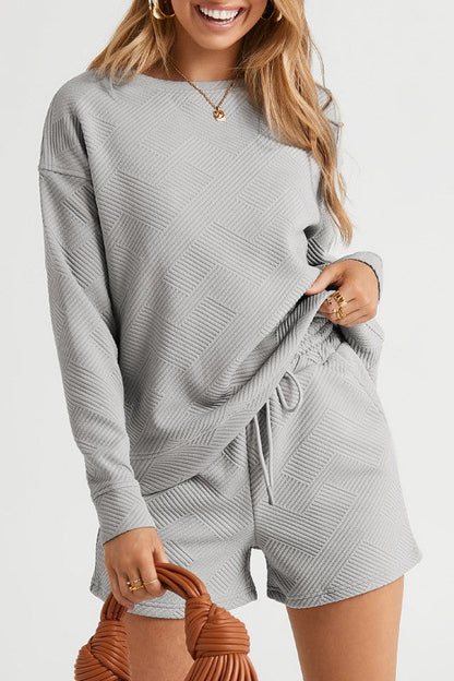 Textured Long Sleeve Top and Drawstring Shorts Set