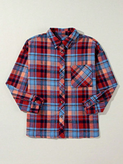 Cotton Boho Red Mint Plaid Button Shirt Shacket