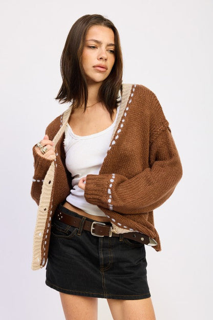 Emory Park Button Down Contrasted Cardigan in Chocolate