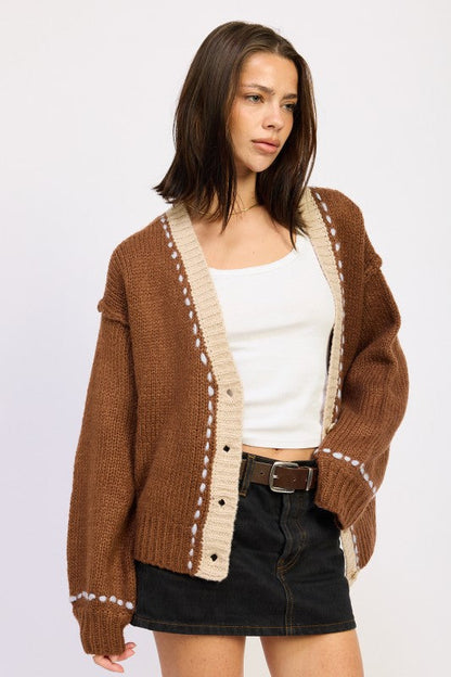 Emory Park Button Down Contrasted Cardigan in Chocolate